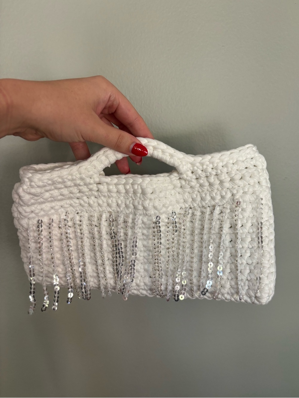White Crochet Sequin Fringe Handbag